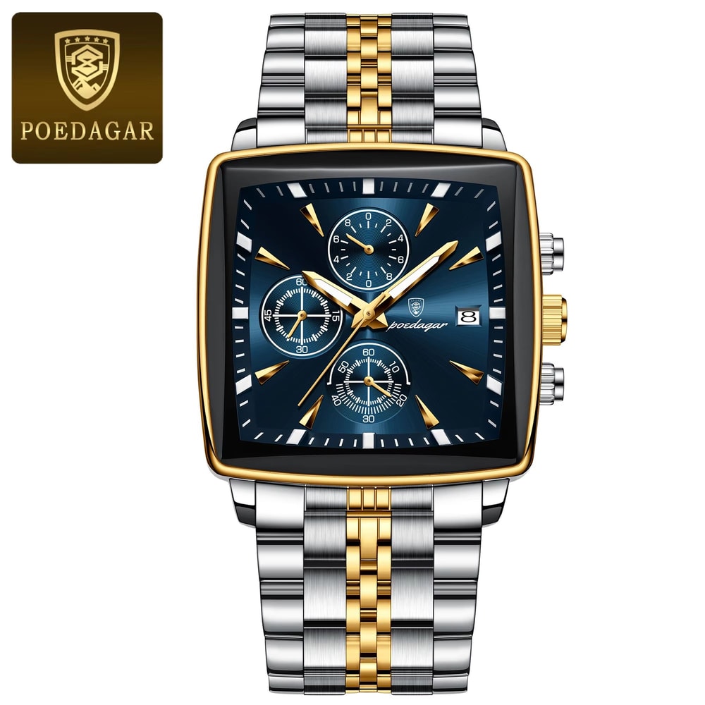 POEDAGAR Square Chronograph Watch Stainless Steel Mens Quartz Watch Luminous Waterproof Wristwatch 4