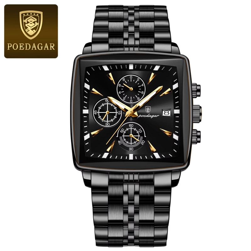 POEDAGAR Square Chronograph Watch Stainless Steel Mens Quartz Watch Luminous Waterproof Wristwatch 9