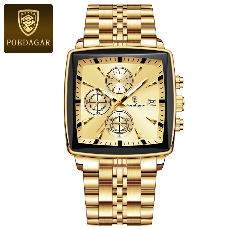 POEDAGAR Square Chronograph Watch Stainless Steel Mens Quartz Watch Luminous Waterproof Wristwatch 10