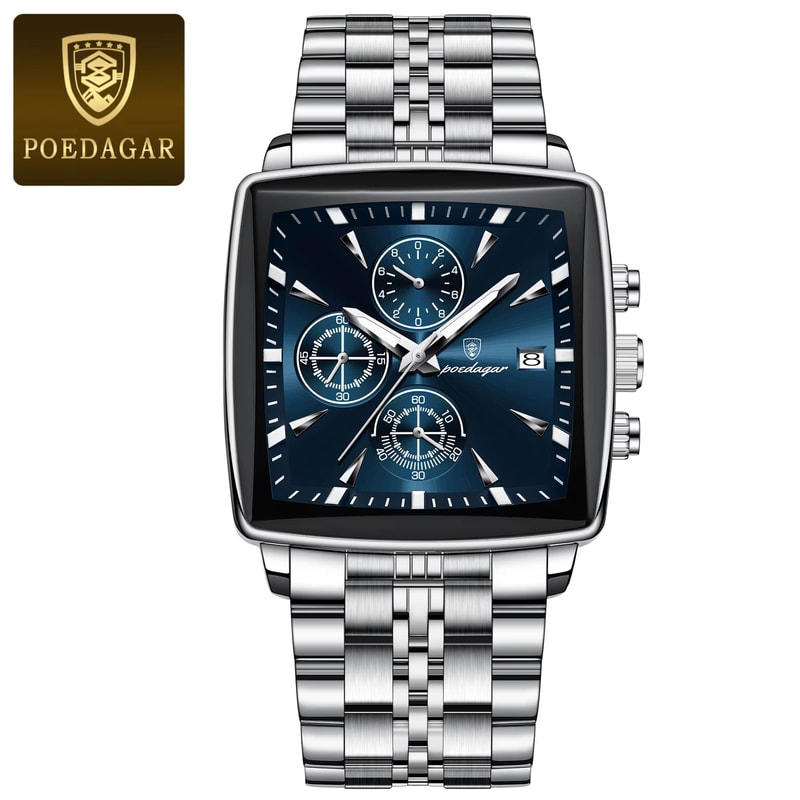 POEDAGAR Square Chronograph Watch Stainless Steel Mens Quartz Watch Luminous Waterproof Wristwatch 13