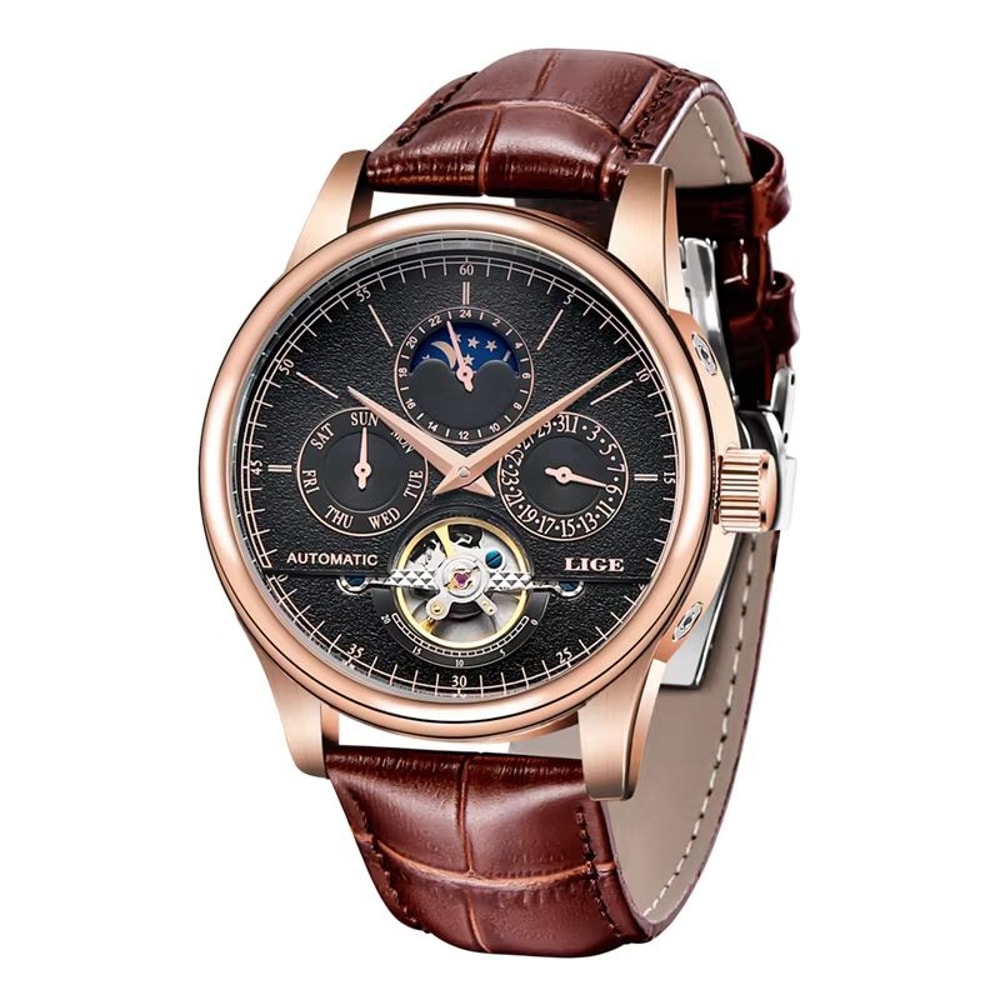 LIGE Automatic Mechanical Watch Tourbillon Mens Leather Watch Waterproof Military Style Wristwatch 8
