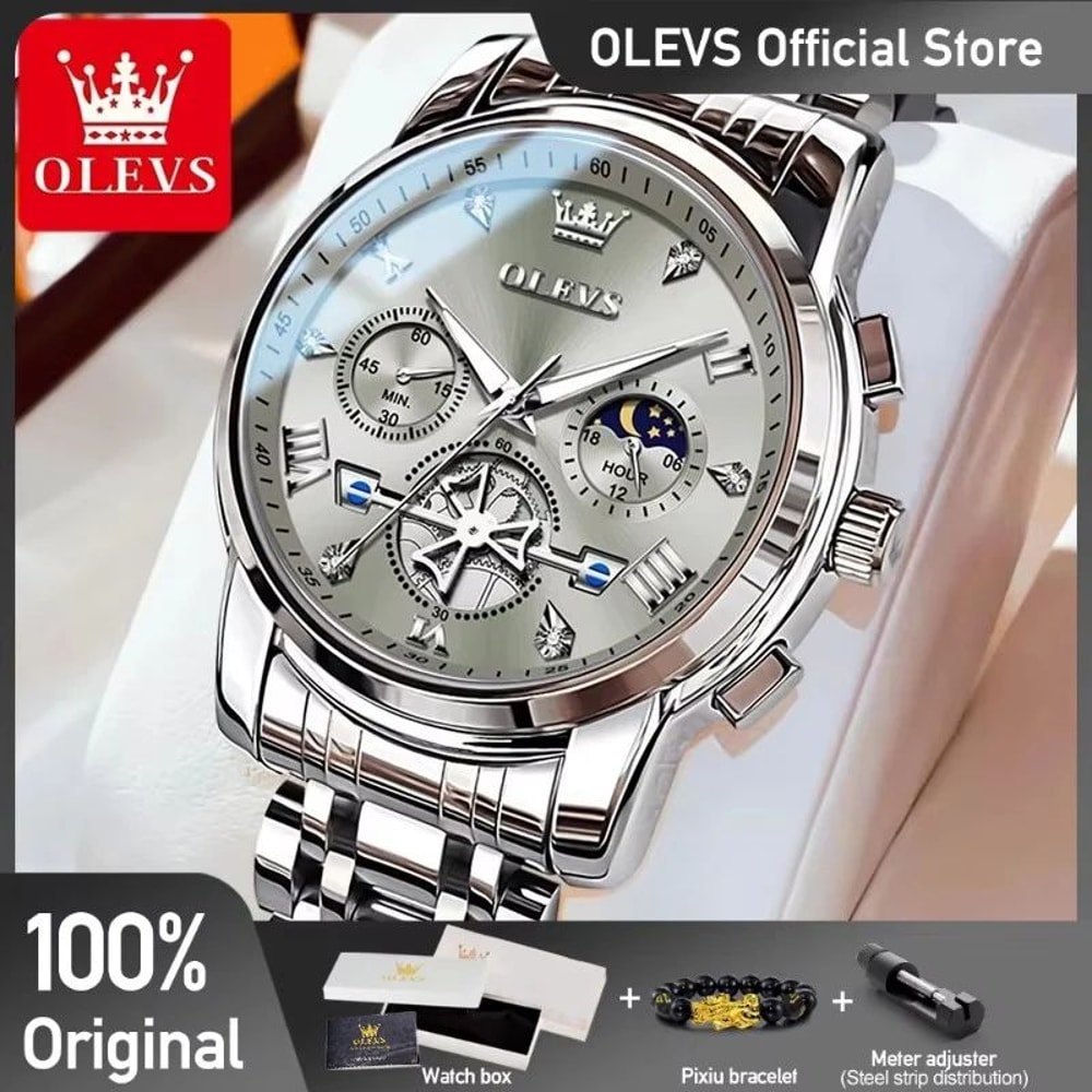 OLEVS Luxury Chronograph Moon Phase Watch Multifunction Quartz Waterproof Business Wristwatch For M 0