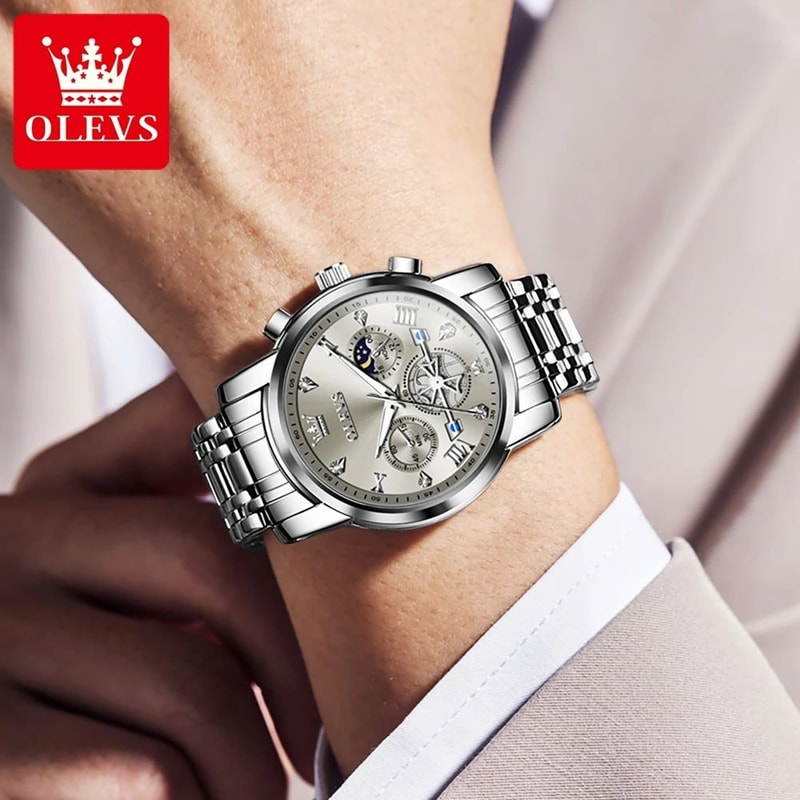 OLEVS Luxury Chronograph Moon Phase Watch Multifunction Quartz Waterproof Business Wristwatch For M 1