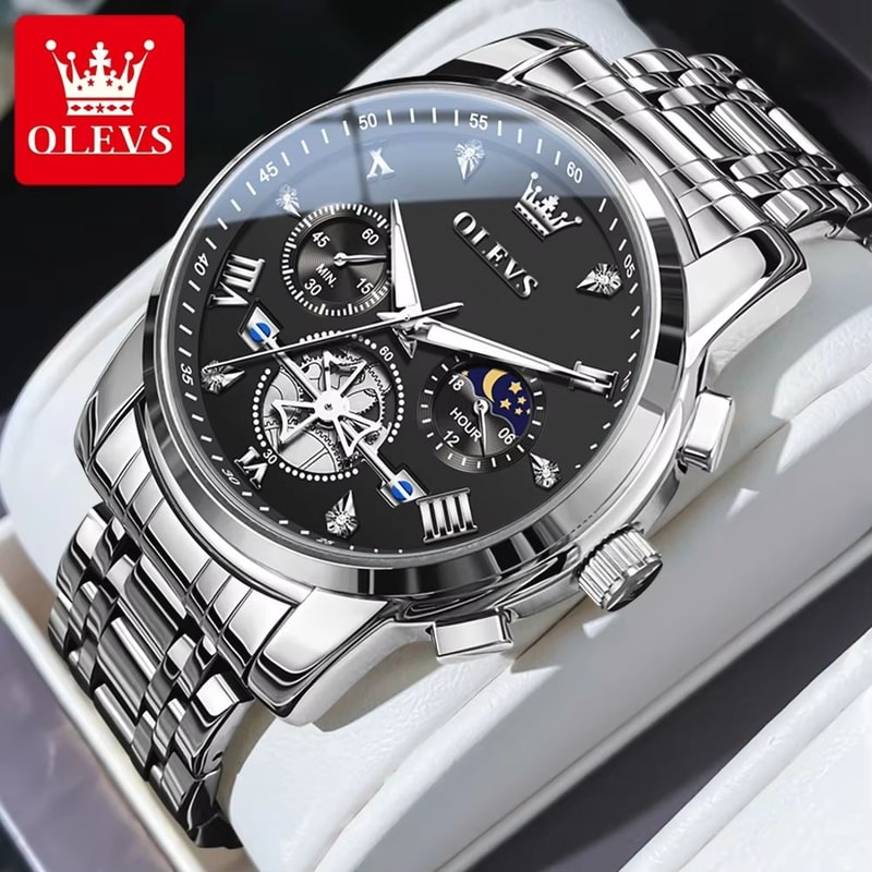 OLEVS Luxury Chronograph Moon Phase Watch Multifunction Quartz Waterproof Business Wristwatch For M 9