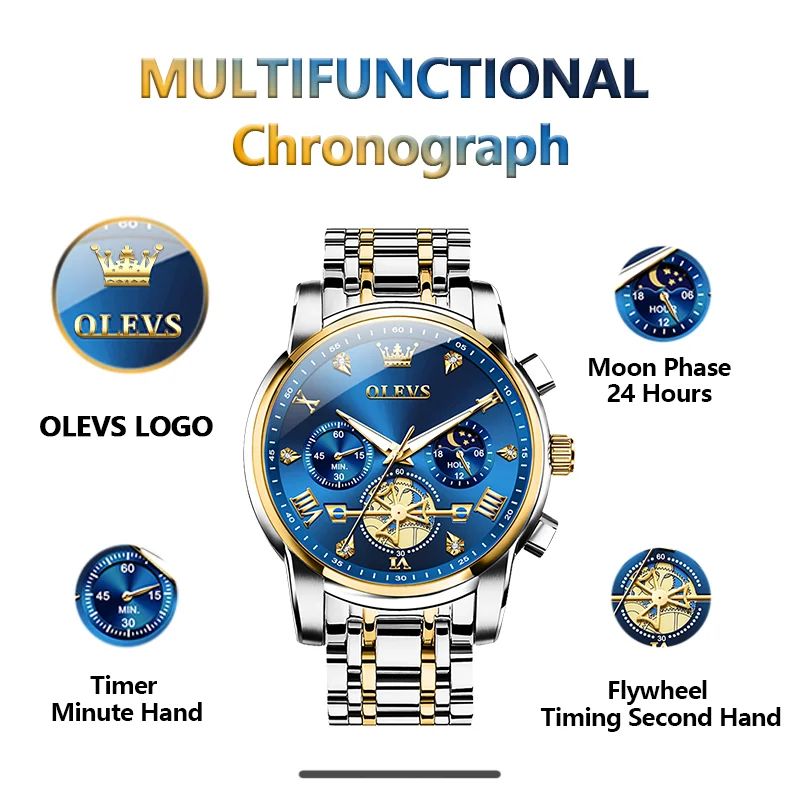 OLEVS Luxury Chronograph Moon Phase Watch Multifunction Quartz Waterproof Business Wristwatch For M 4