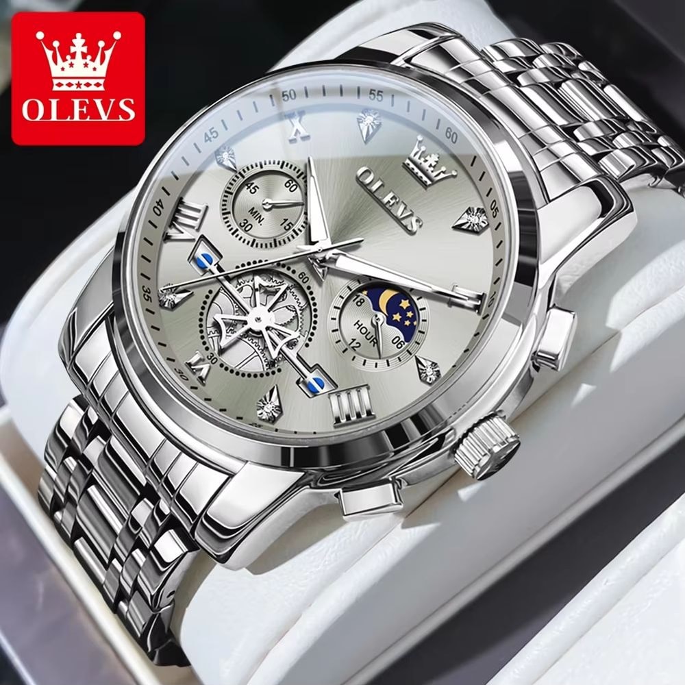 OLEVS Luxury Chronograph Moon Phase Watch Multifunction Quartz Waterproof Business Wristwatch For M 7