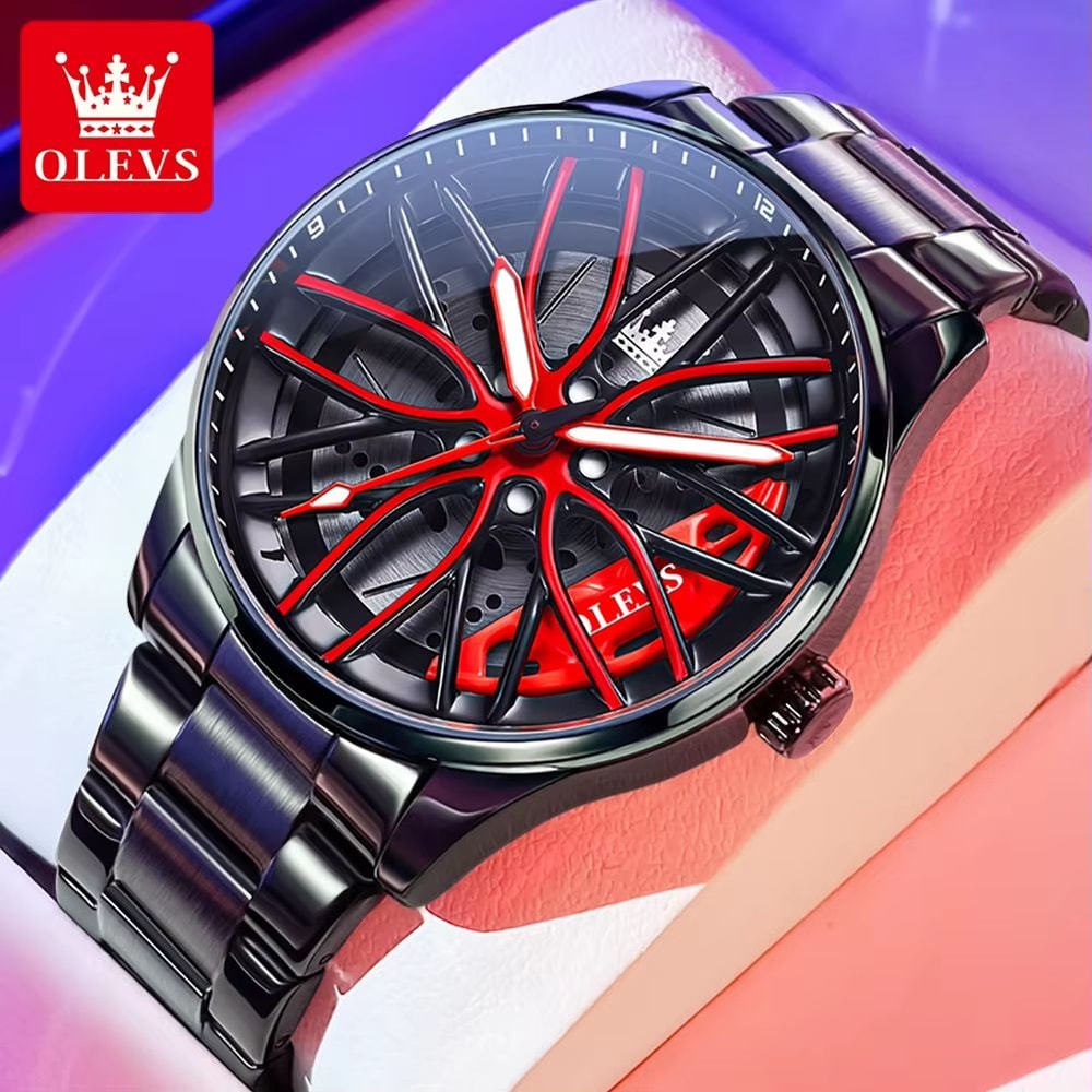 OLEVS Car Rim Mens Quartz Watch Stainless Steel Car Wheel Watch Waterproof Sport Wristwatch 0