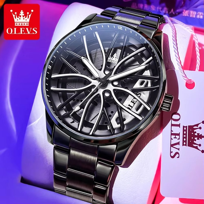 OLEVS Car Rim Mens Quartz Watch Stainless Steel Car Wheel Watch Waterproof Sport Wristwatch 9