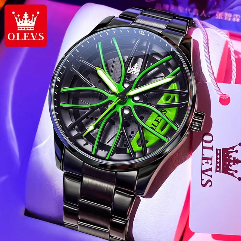 OLEVS Car Rim Mens Quartz Watch Stainless Steel Car Wheel Watch Waterproof Sport Wristwatch 11