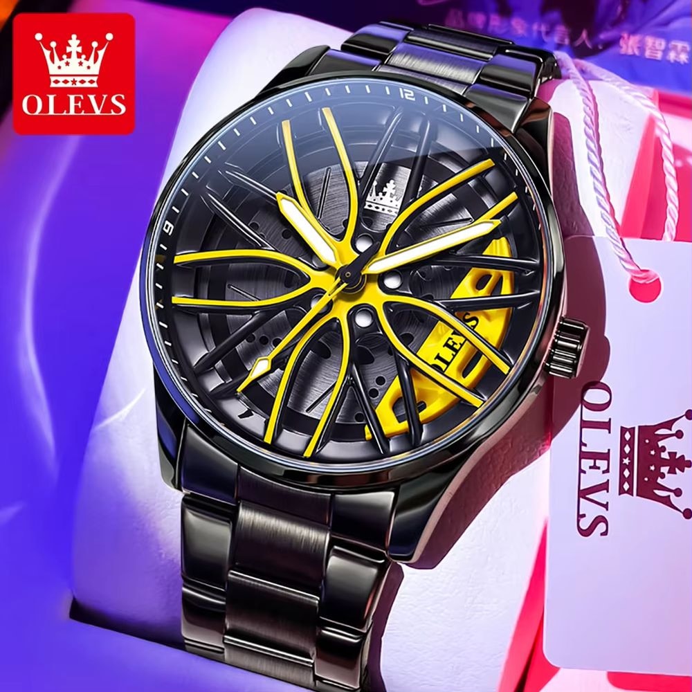 OLEVS Car Rim Mens Quartz Watch Stainless Steel Car Wheel Watch Waterproof Sport Wristwatch 12