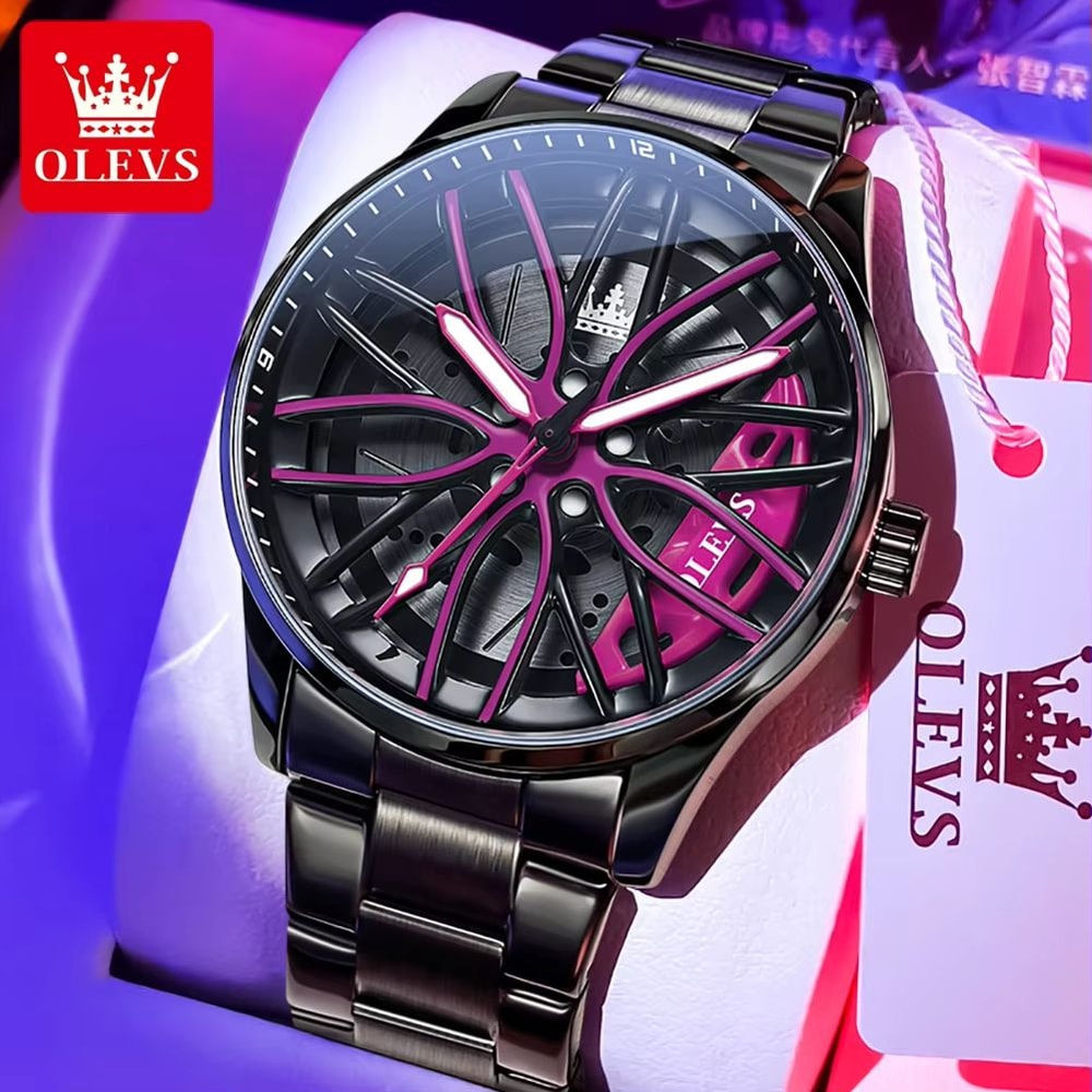 OLEVS Car Rim Mens Quartz Watch Stainless Steel Car Wheel Watch Waterproof Sport Wristwatch 13