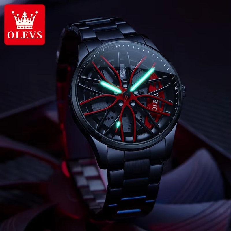 OLEVS Car Rim Mens Quartz Watch Stainless Steel Car Wheel Watch Waterproof Sport Wristwatch 4