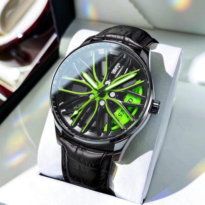 OLEVS Car Rim Mens Quartz Watch Stainless Steel Car Wheel Watch Waterproof Sport Wristwatch 6