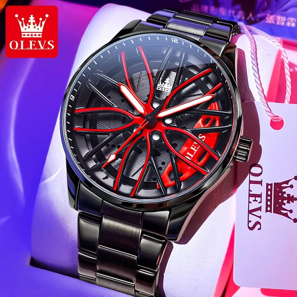 OLEVS Car Rim Mens Quartz Watch Stainless Steel Car Wheel Watch Waterproof Sport Wristwatch 8