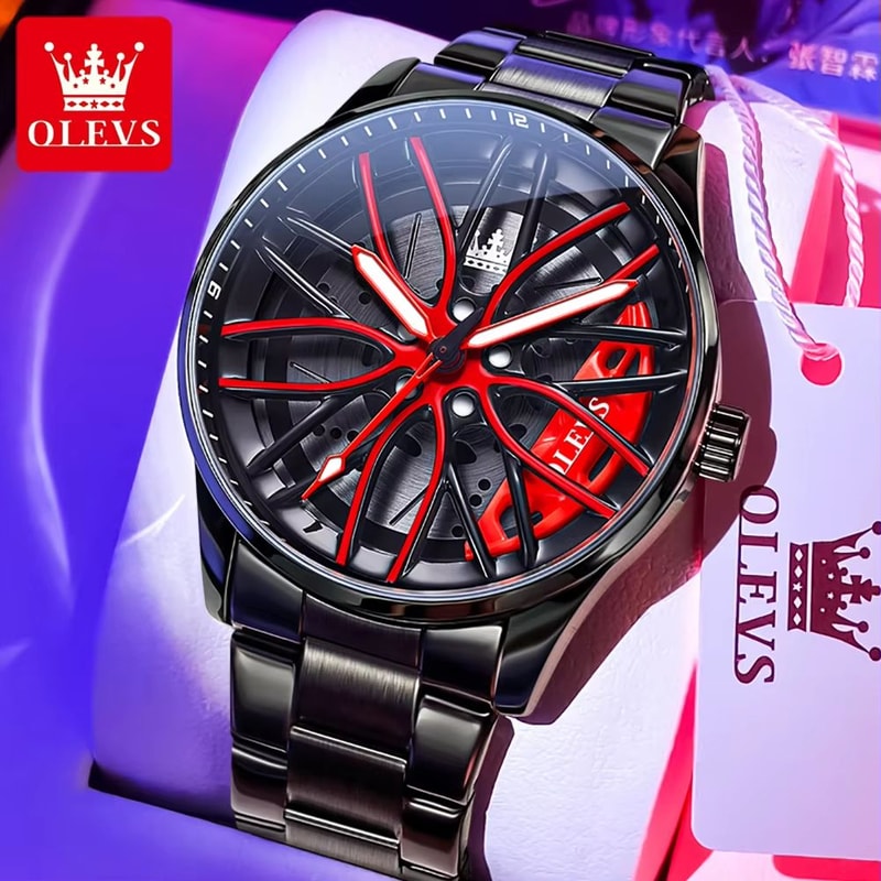 OLEVS Car Rim Mens Quartz Watch Stainless Steel Car Wheel Watch Waterproof Sport Wristwatch 8