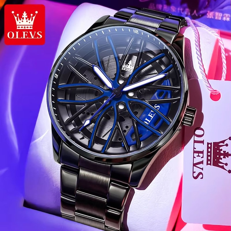 OLEVS Car Rim Mens Quartz Watch Stainless Steel Car Wheel Watch Waterproof Sport Wristwatch 10