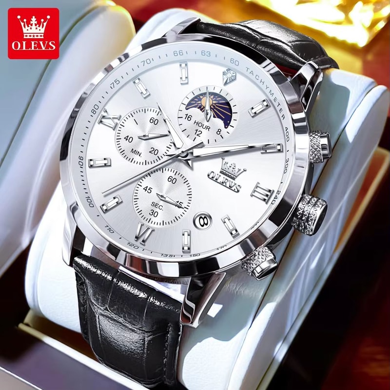 OLEVS 9812 Luxury Chronograph Watch Moonphase Mens Quartz Watch Waterproof Multifunction Wristwatch 0