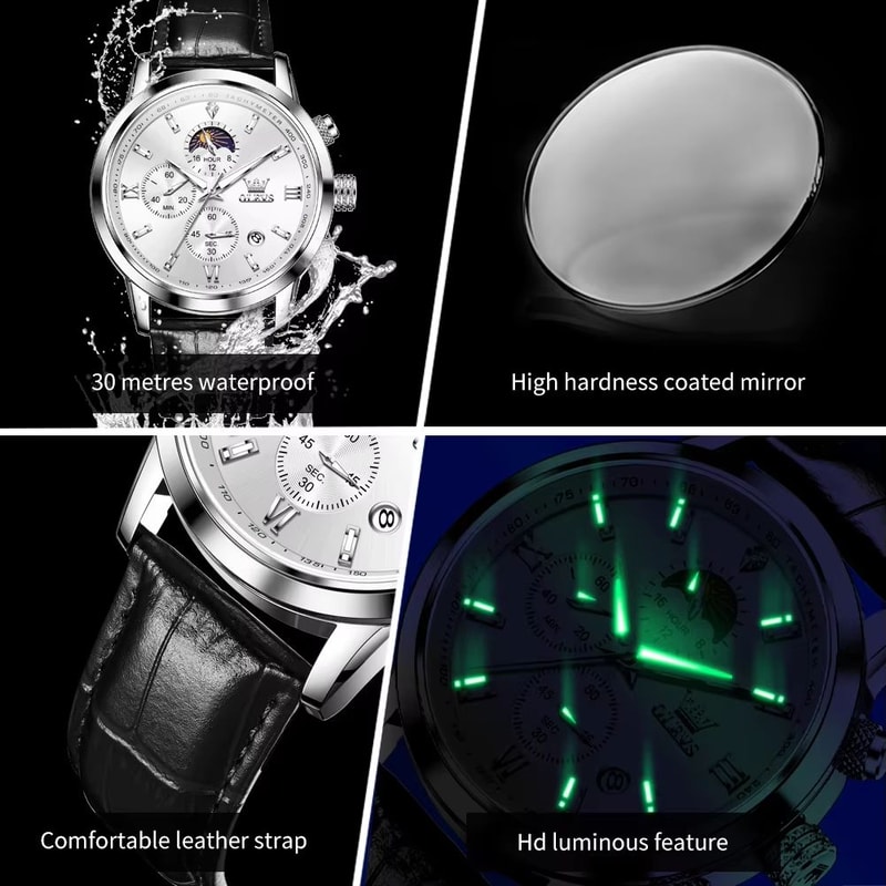 OLEVS 9812 Luxury Chronograph Watch Moonphase Mens Quartz Watch Waterproof Multifunction Wristwatch 4
