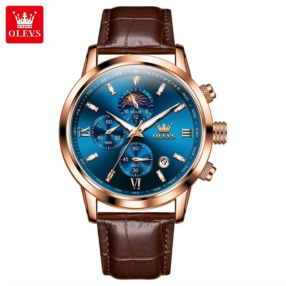 OLEVS 9812 Luxury Chronograph Watch Moonphase Mens Quartz Watch Waterproof Multifunction Wristwatch 6