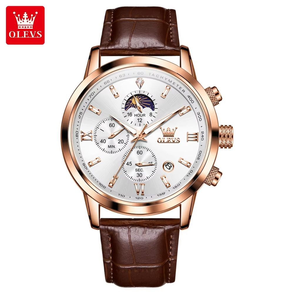 OLEVS 9812 Luxury Chronograph Watch Moonphase Mens Quartz Watch Waterproof Multifunction Wristwatch 7