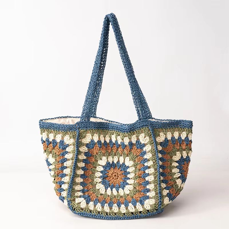 Boho Granny Square Straw Shoulder Tote Bag For Women 0