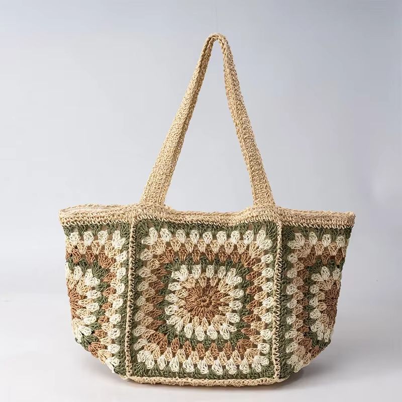 Boho Granny Square Straw Shoulder Tote Bag For Women 1