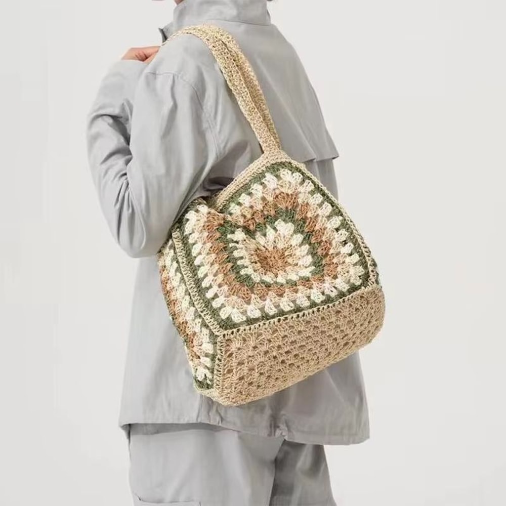 Boho Granny Square Straw Shoulder Tote Bag For Women 4