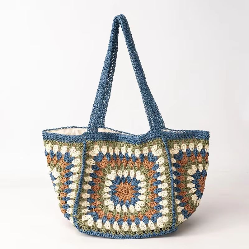 Boho Granny Square Straw Shoulder Tote Bag For Women 6