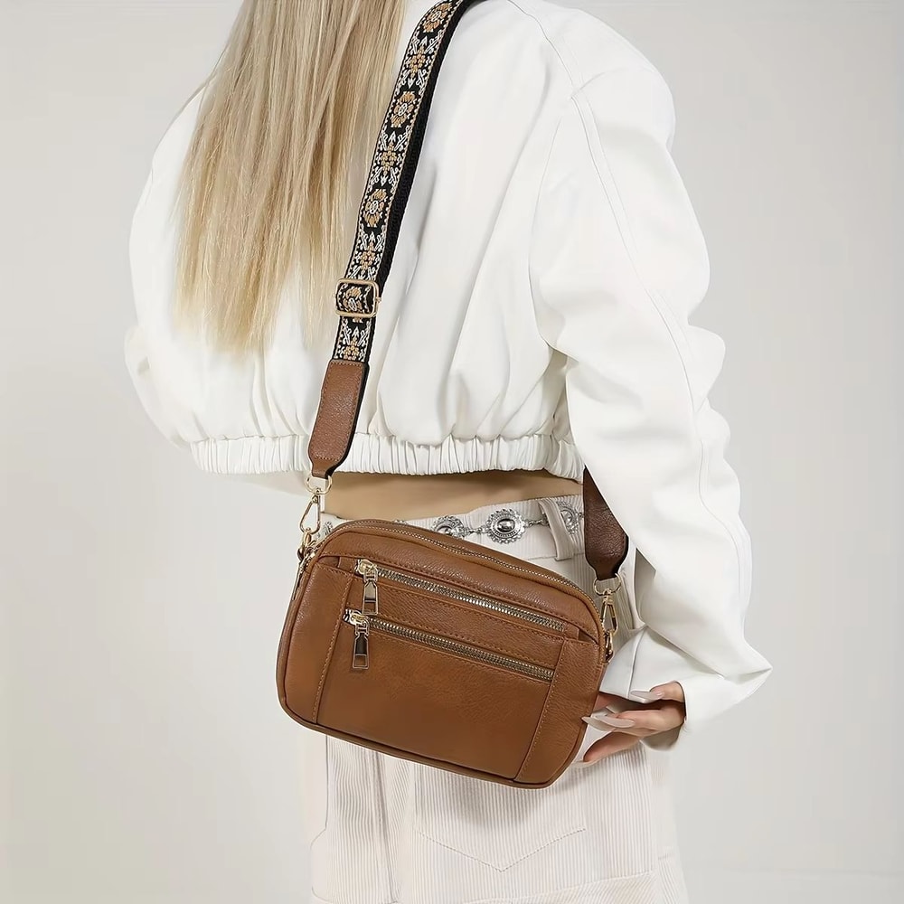 Color Block Leather Crossbody Bag With Wide Shoulder Strap 5