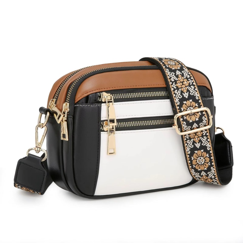 Color Block Leather Crossbody Bag With Wide Shoulder Strap 7