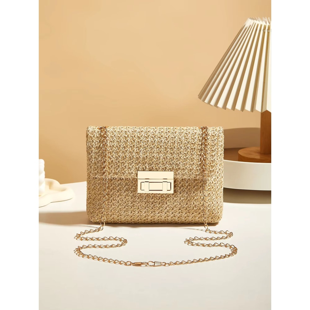 Korean Style Woven Straw Crossbody Bag With Lock Closure 0