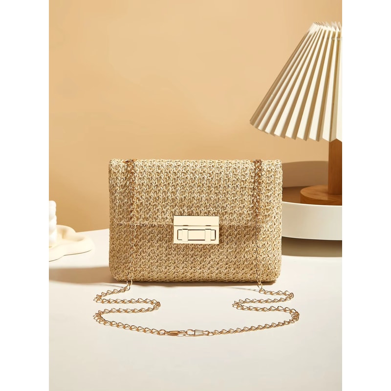 Korean Style Woven Straw Crossbody Bag With Lock Closure 0