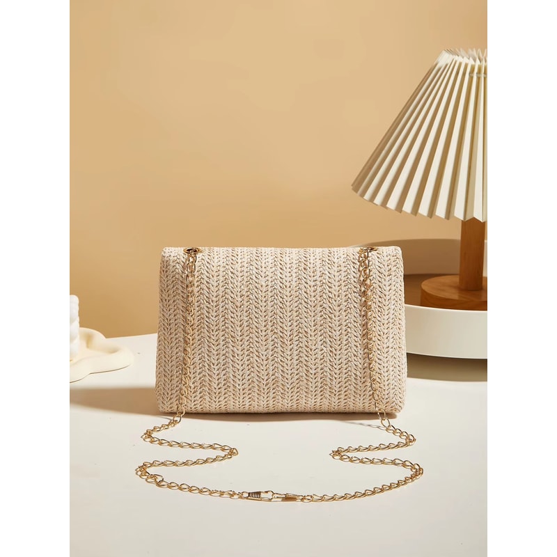 Korean Style Woven Straw Crossbody Bag With Lock Closure 1