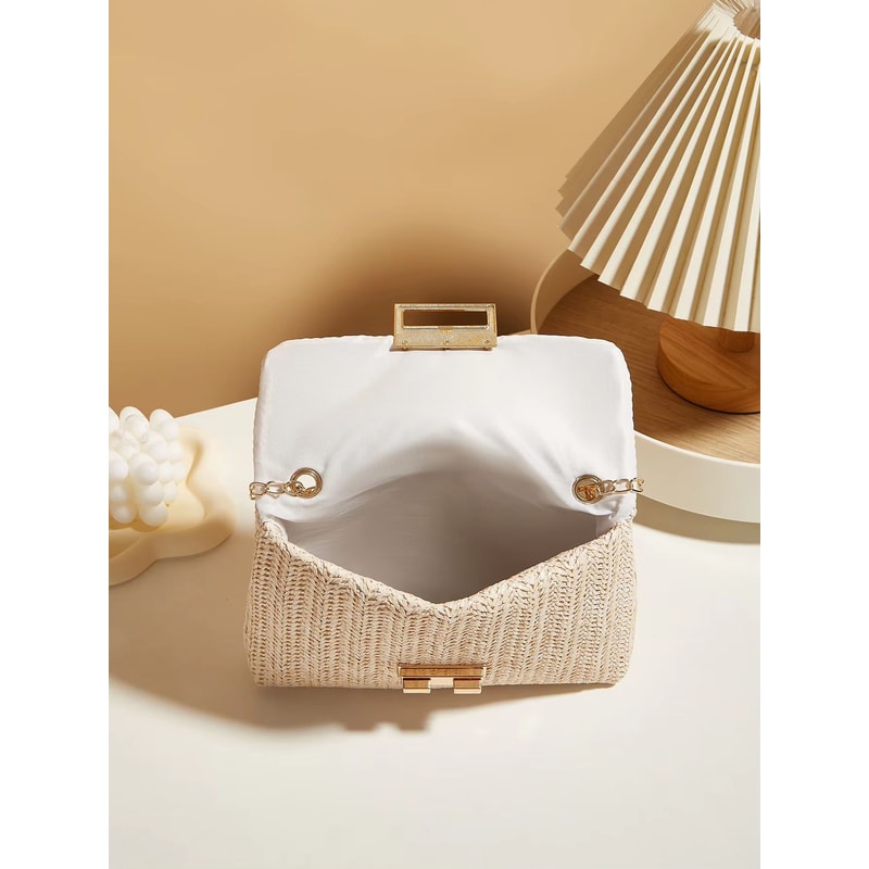 Korean Style Woven Straw Crossbody Bag With Lock Closure 2