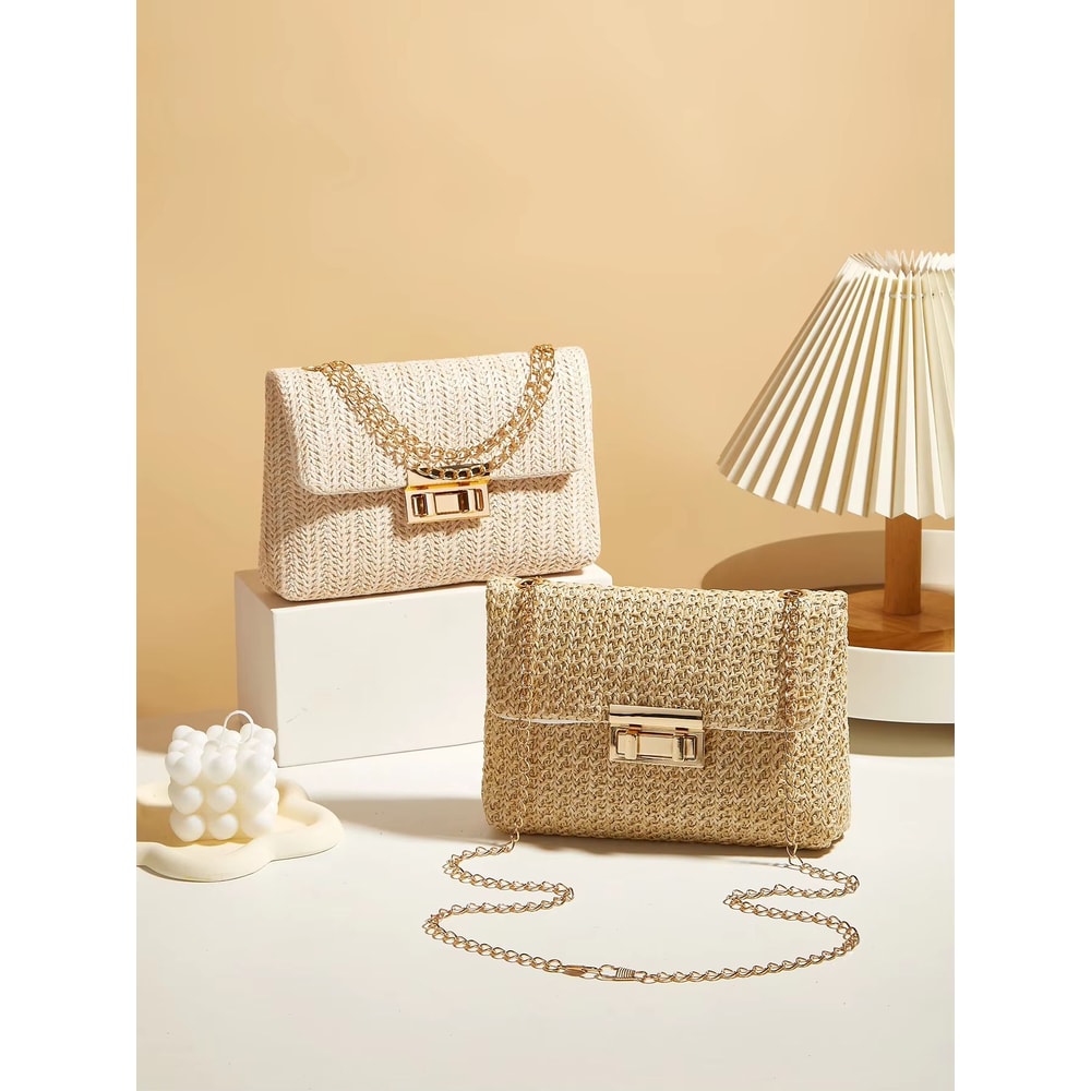 Korean Style Woven Straw Crossbody Bag With Lock Closure 3