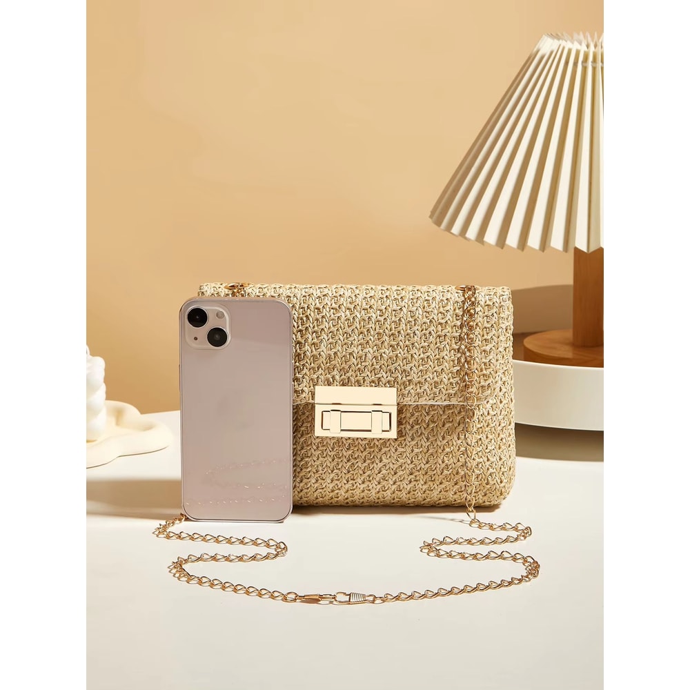 Korean Style Woven Straw Crossbody Bag With Lock Closure 4