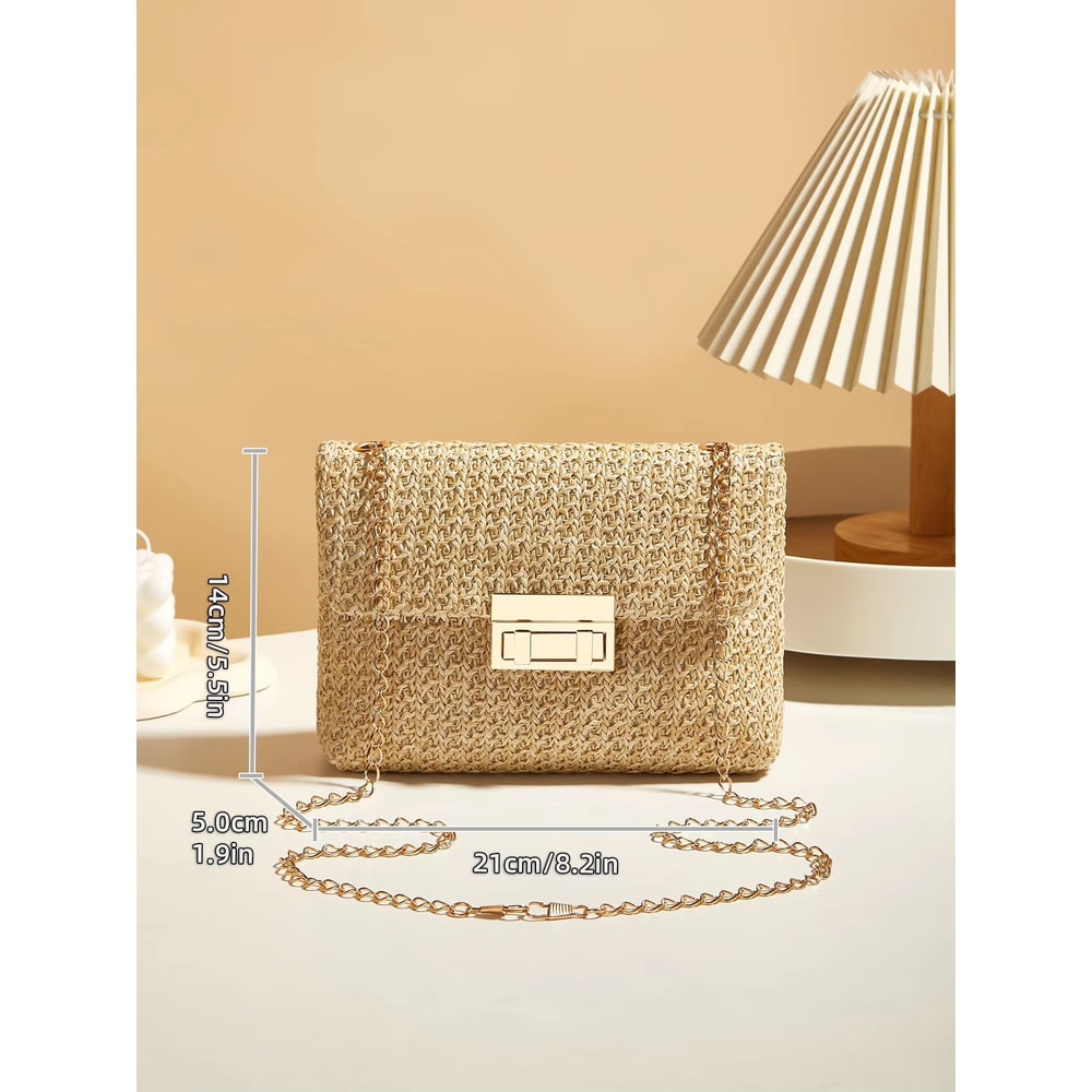 Korean Style Woven Straw Crossbody Bag With Lock Closure 5