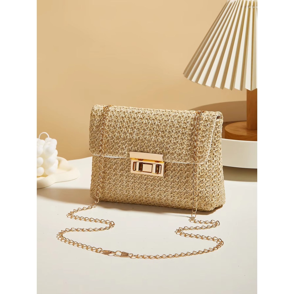 Korean Style Woven Straw Crossbody Bag With Lock Closure 7