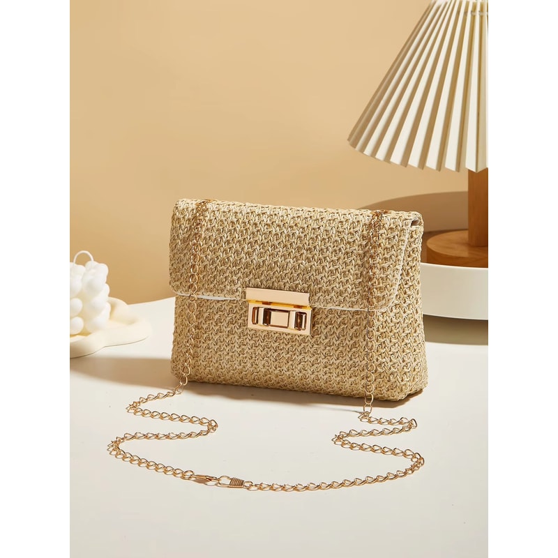 Korean Style Woven Straw Crossbody Bag With Lock Closure 7