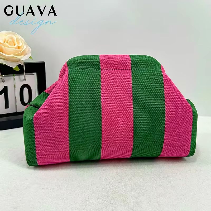 Womens Knit Stripe Crochet Dumpling Clutch Bag 0