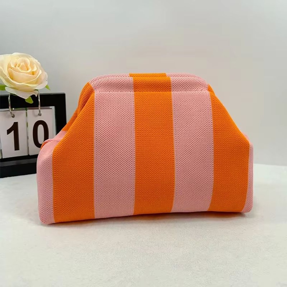Womens Knit Stripe Crochet Dumpling Clutch Bag 6