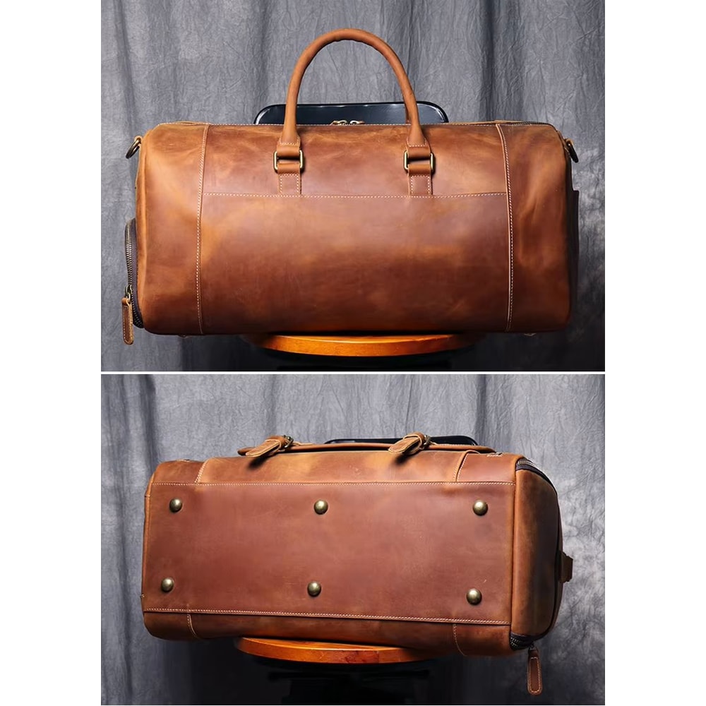 MUNUKI Vintage Crazy Horse Genuine Leather Travel Duffle Bag For Men 3