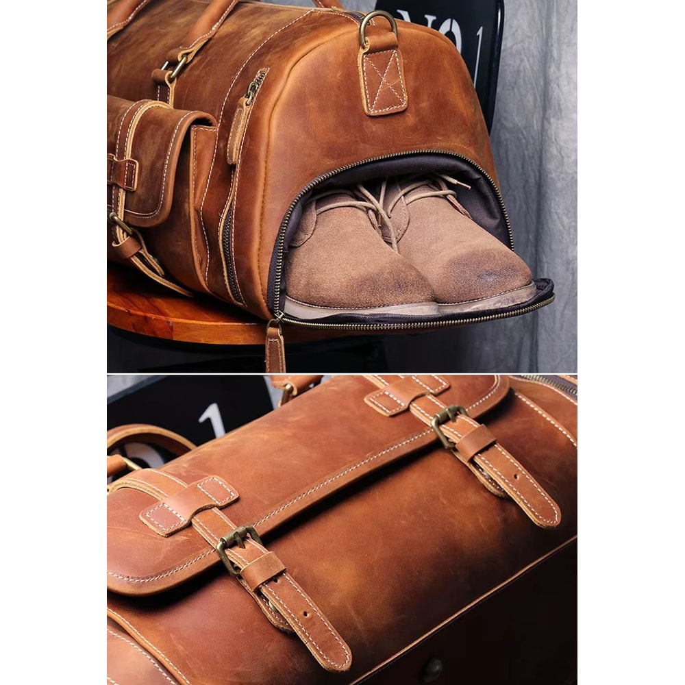 MUNUKI Vintage Crazy Horse Genuine Leather Travel Duffle Bag For Men 4