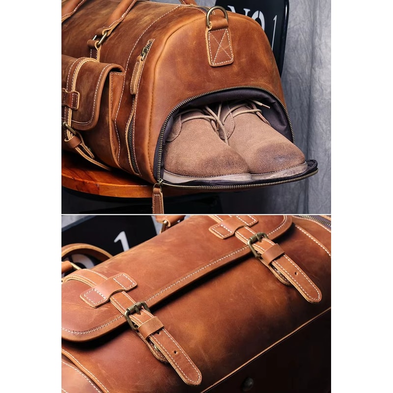 MUNUKI Vintage Crazy Horse Genuine Leather Travel Duffle Bag For Men 4