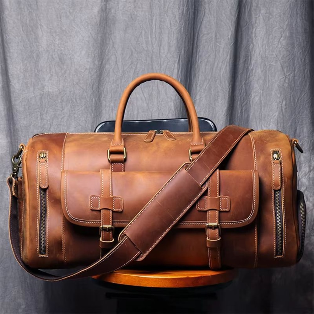 MUNUKI Vintage Crazy Horse Genuine Leather Travel Duffle Bag For Men 7