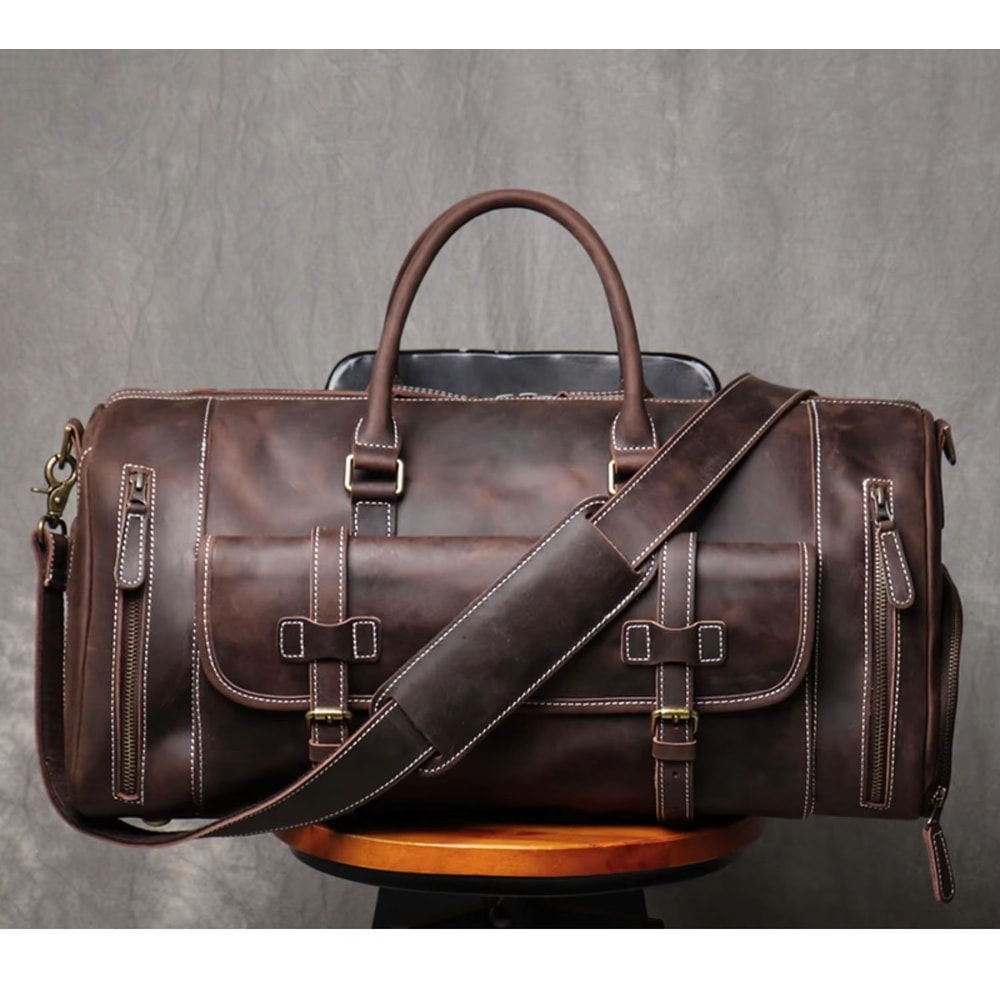 MUNUKI Vintage Crazy Horse Genuine Leather Travel Duffle Bag For Men 8