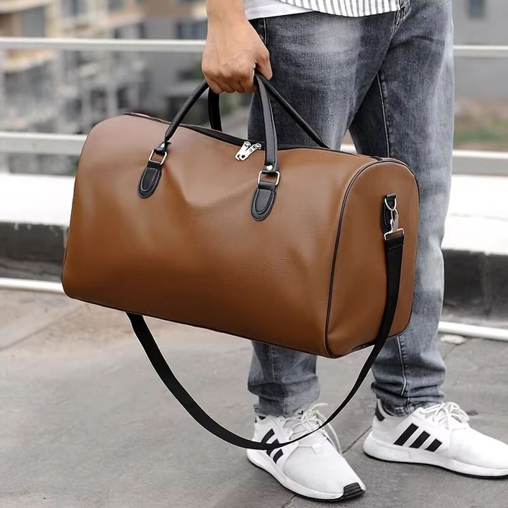 Mens Large Capacity Leather Weekender Travel Tote Bag 1