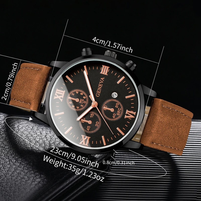 Mens Casual Leather Quartz Calendar Watch Set 5