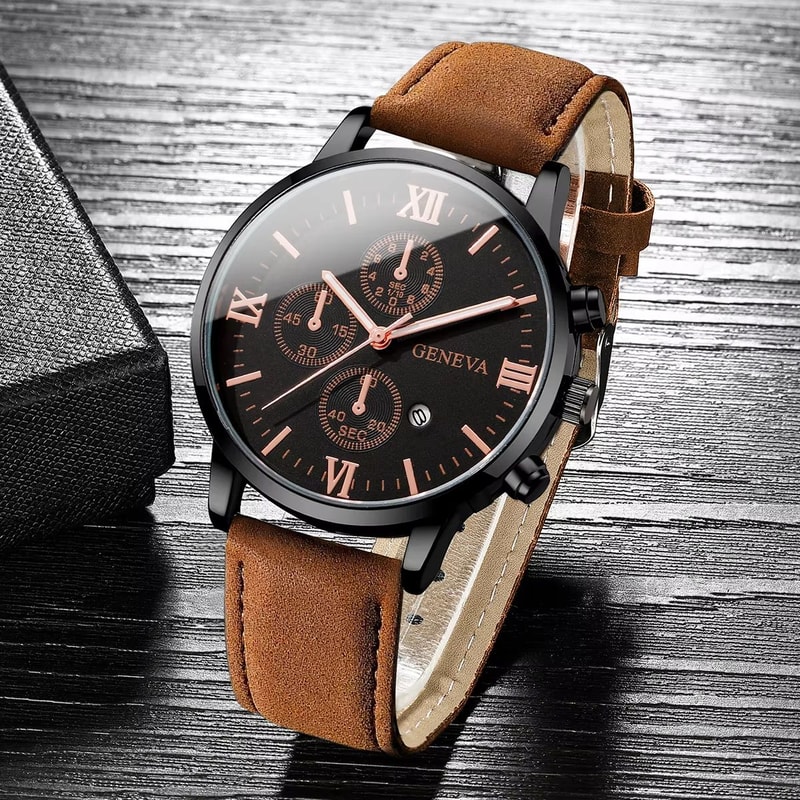 Mens Casual Leather Quartz Calendar Watch Set 6
