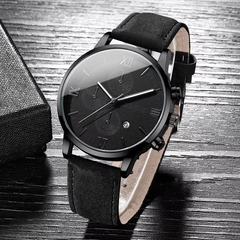Mens Casual Leather Quartz Calendar Watch Set 8